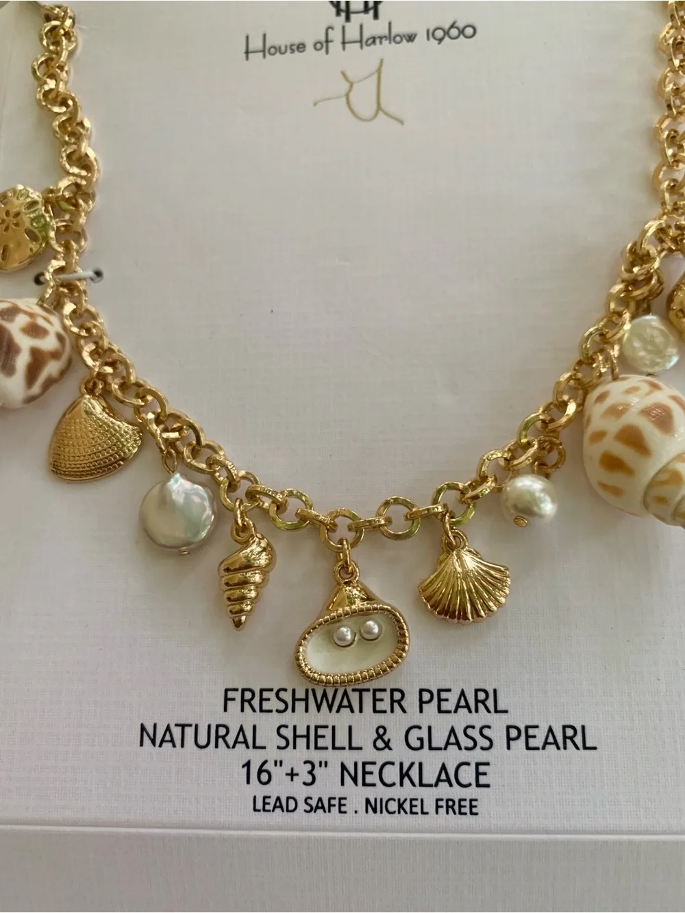 House of Harlow 1960 Gold Shell & Pearl Charm Statement Necklace